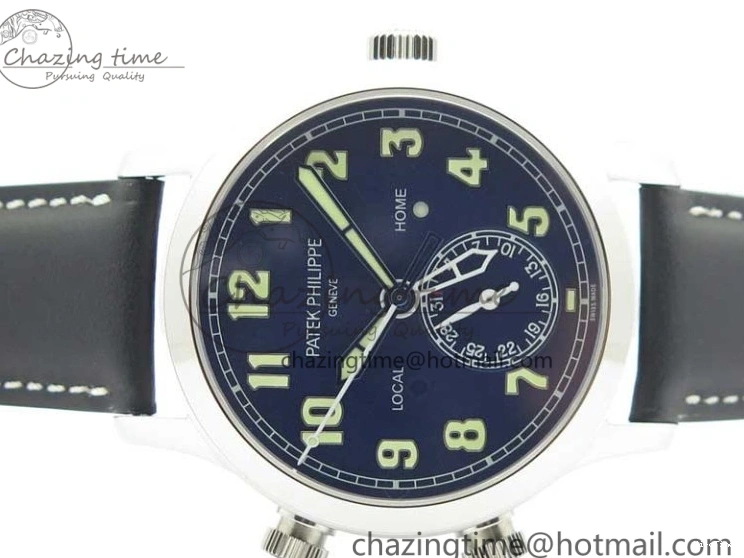 MIROTIME 0418 Practical Calatrava 5524 Pilot Travel Time SS GRF Blue Dial on Black Leather Strap A324 V 7107